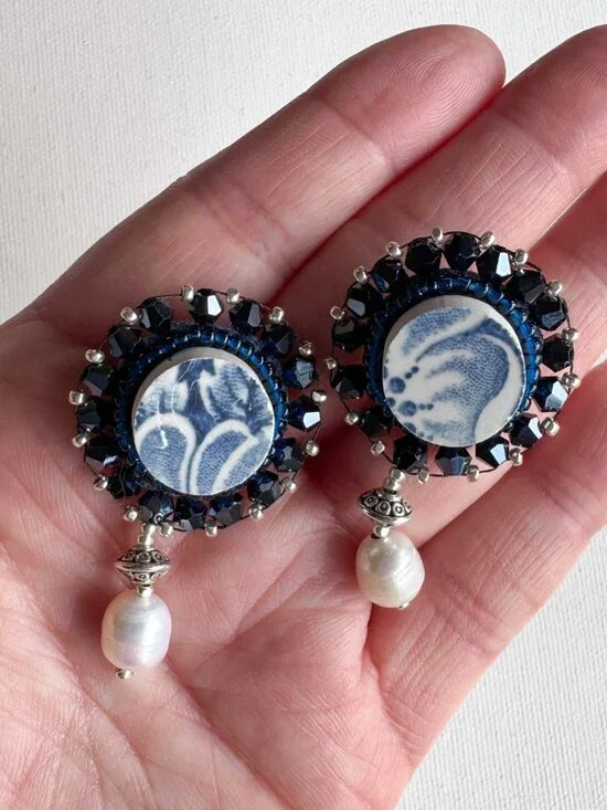 Upcycled Ceramic Pearl Dangle Earrings Blue Statement Studs - Picture 3 of 12